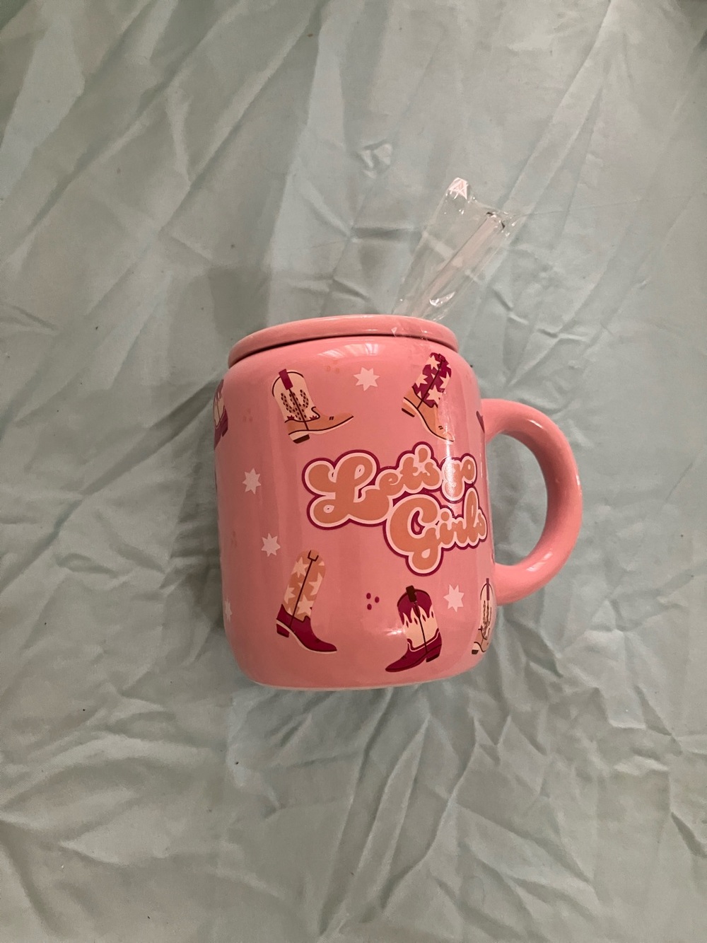 Pink Cowboy Boot Ceramic Travel Mug with Lid & Straw